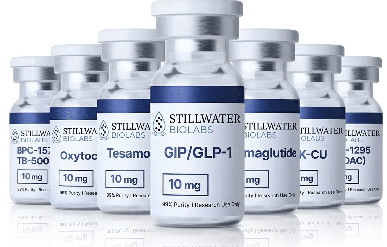 Stillwater BioLabs branded peptide vials including BPC-157, Semaglutide, GHK-Cu, and more